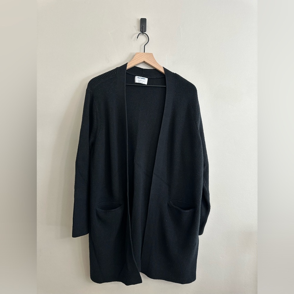 Old navy black open front long ribbed knit sweater, XL